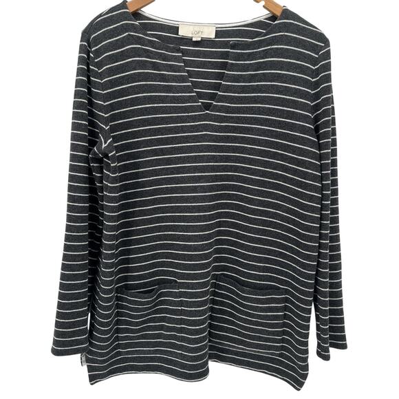 LOFT Sweater Womens Large Gray White Striped Pullover V-Neck Tunic + Pockets - Picture 1 of 8